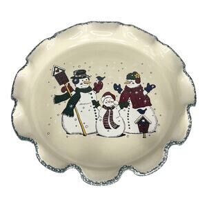 Home & Garden Party 12" SERVING PLATTER Ceramic Pottery Snowman Family Ruffled